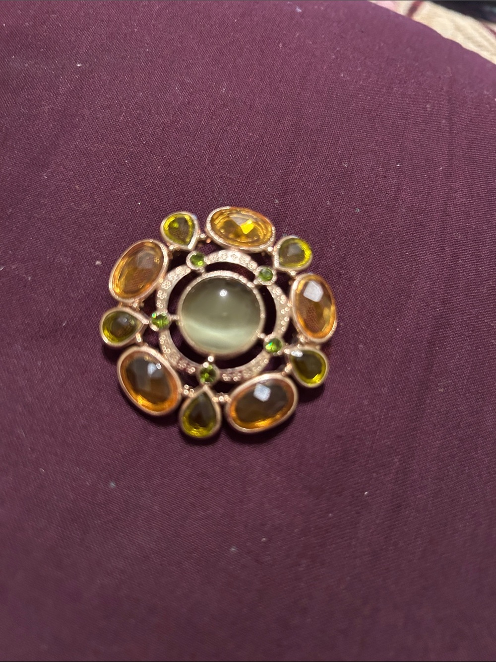 Vintage-Inspired Green and Amber Gemstone Brooch